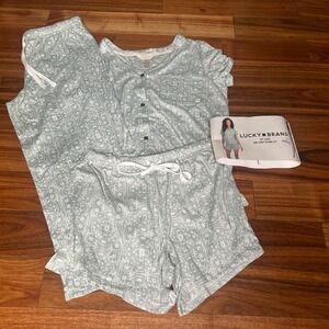 Lucky Brand‎ Pajama Set 3-Piece Top Capri Shorts Sleepwear Loungewear Green S